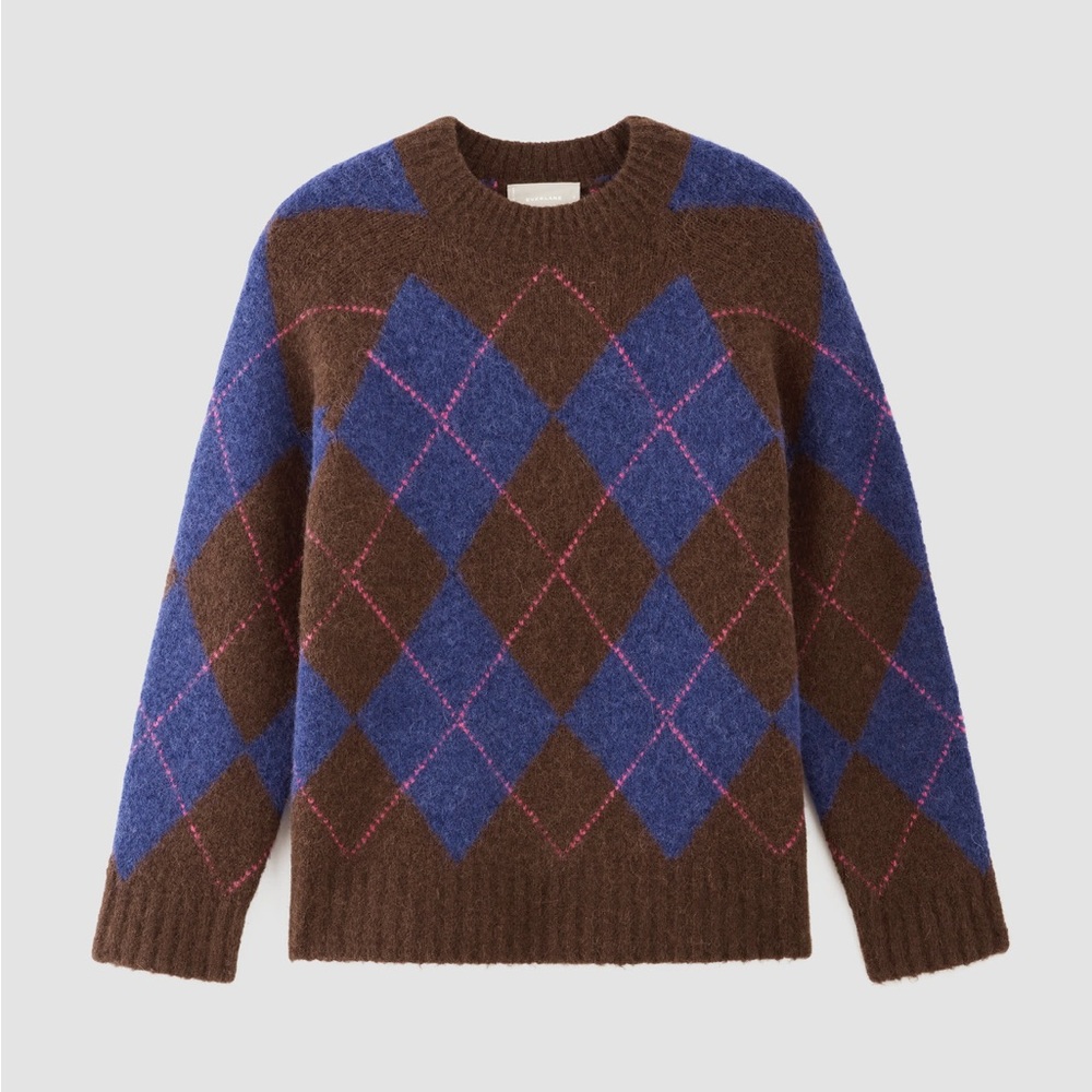 Everlane Women’s SuperFuzz Alpaca Crew Argyle Sweater in Brown and Blue NWT XS